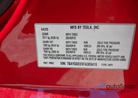 2026 Tesla Model Y Long Range Dual Motor All-Wheel Drive/Long Range Launch Series из США, поврежденный, VIN 7SAYGDEE9TA389415